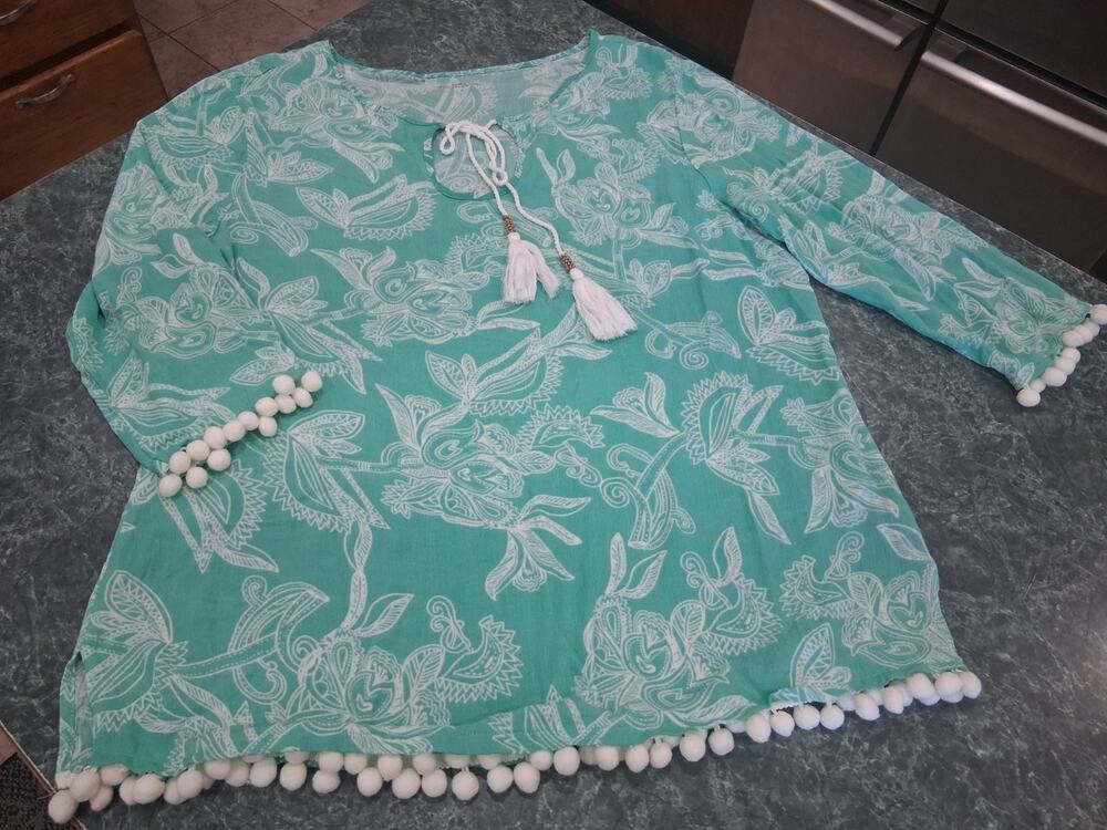 Princess Cruises Cover Up Teal White Tassels Pom poms Resortwear Beach Swim Sz L